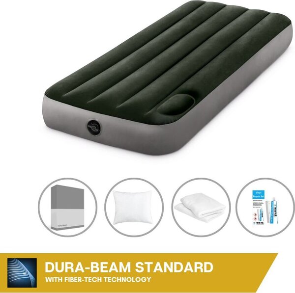 Letto ad aria Intex - 1 persona - 76 x 191 x 25 cm - Verde - Con pompa a pedale incorporata + lenzuola antracite + cuscino + federe Molton 2 in 1 + set di riparazione