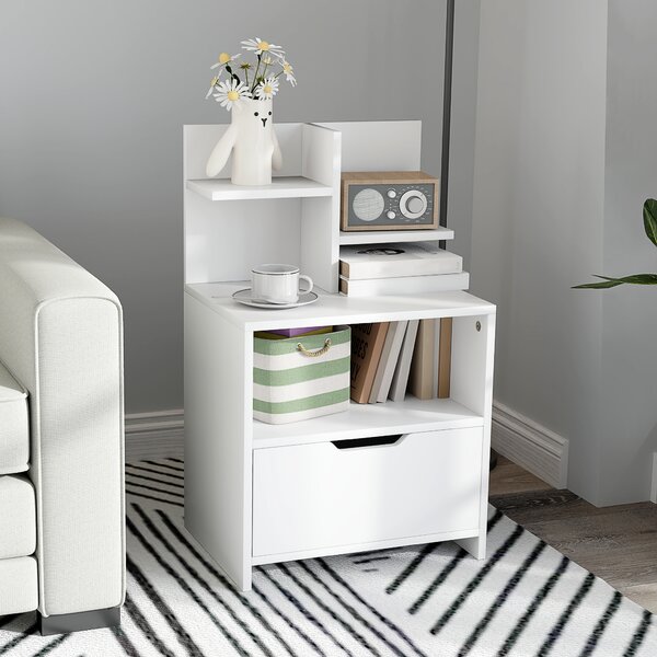 HOMCOM Comodino tavolino da notte con cassetto, nicchia e mensole di archiviazione effetto legno 45 x 35 x 73 cm bianco