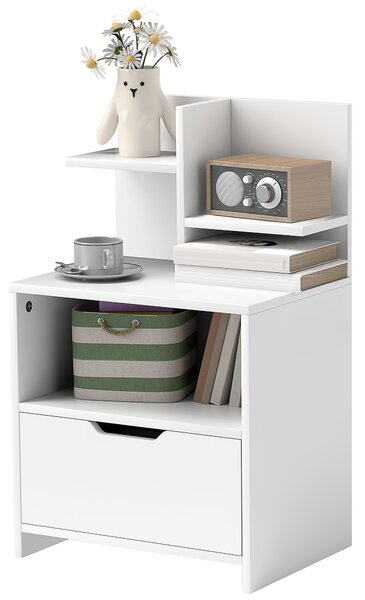 HOMCOM Comodino tavolino da notte con cassetto, nicchia e mensole di archiviazione effetto legno 45 x 35 x 73 cm bianco