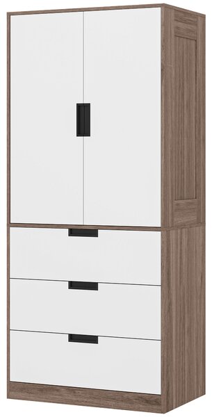 HOMCOM Armadio 2 porte, armadio moderno con 3 cassetti e asta per camera matrimoniale, marrone