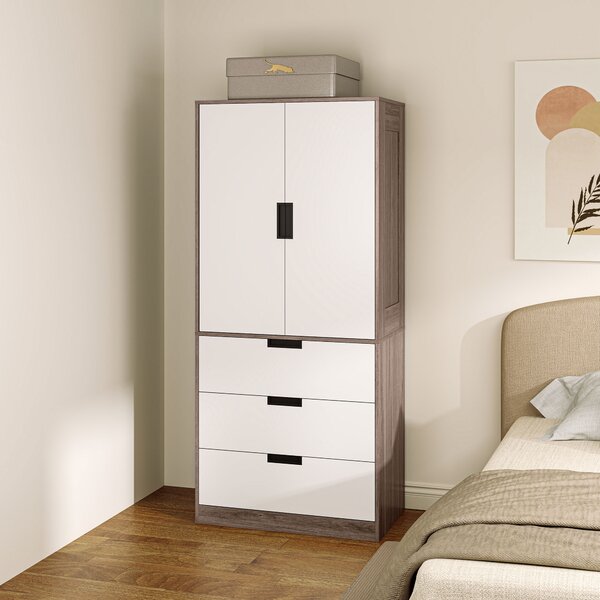 HOMCOM Armadio 2 porte, armadio moderno con 3 cassetti e asta per camera matrimoniale, marrone