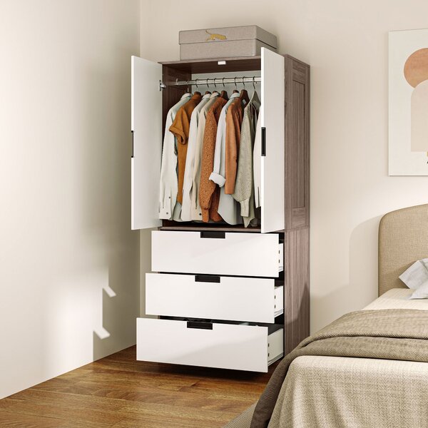HOMCOM Armadio 2 porte, armadio moderno con 3 cassetti e asta per camera matrimoniale, marrone