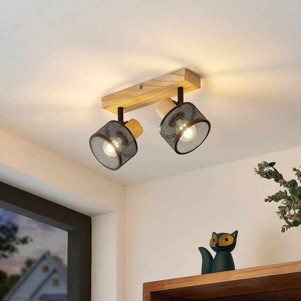 Lindby Evinora spot da soffitto di legno, 2 luci Lindby, dimmerabile, Legno chiaro, Soggiorno / Sala da pranzo, Legno, Moderno, Faretto