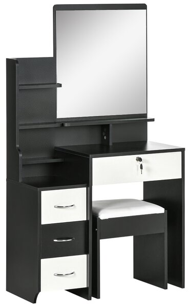 HOMCOM Set da toeletta tavolo da trucco con sgabello imbottito grande specchio + più ripiani aperti + 4 cassetti nero bianco