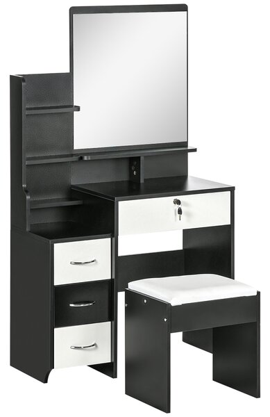 HOMCOM Set da toeletta tavolo da trucco con sgabello imbottito grande specchio + più ripiani aperti + 4 cassetti nero bianco