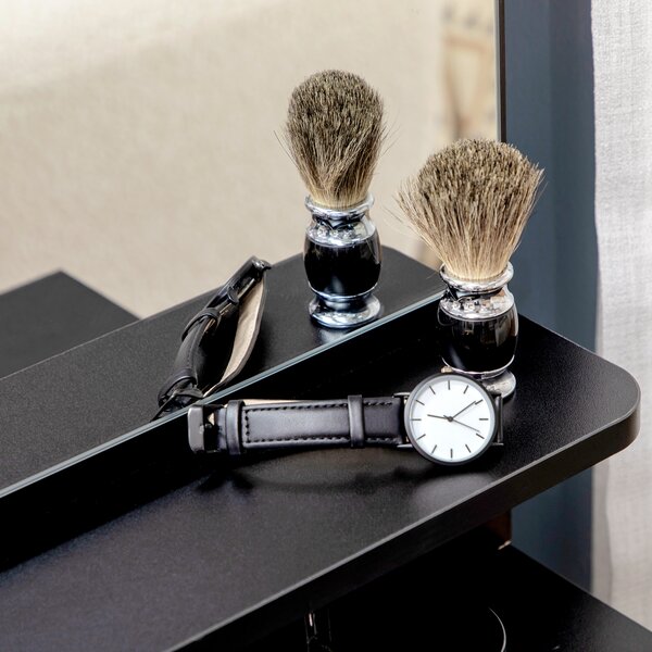 HOMCOM Set da toeletta tavolo da trucco con sgabello imbottito grande specchio + più ripiani aperti + 4 cassetti nero bianco