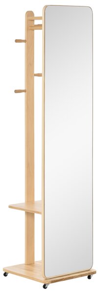 HOMCOM Specchio a Terra con Ruote - Appendiabiti, 4 Ganci Ripiano MDF Effetto Legno Chiaro