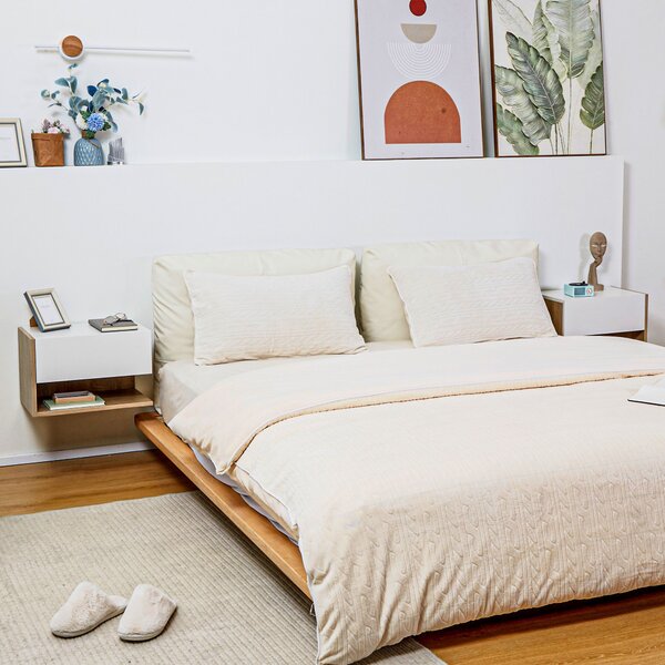 HOMCOM Set di 2 Comodini da Parete - Set di 2 Comodini da Notte - Cassetto Scorrevole, Scaffale, Bicolore Aspetto Rovere Bianco