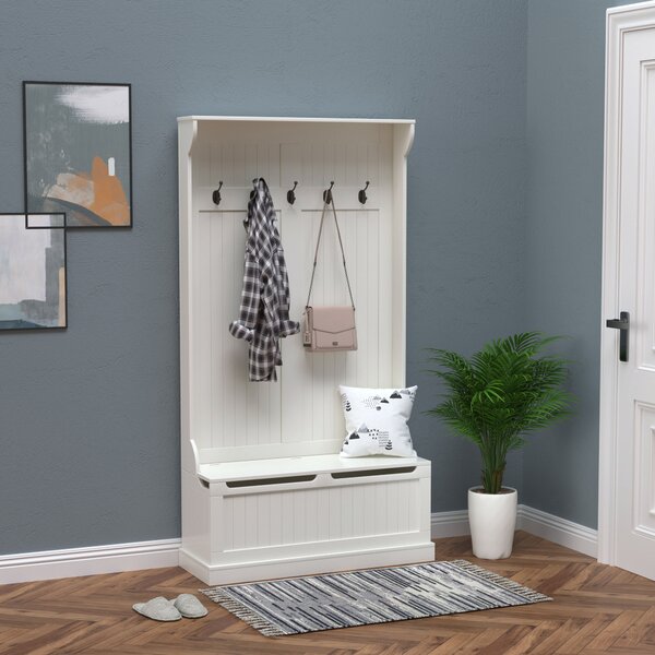 HOMCOM Mobile da ingresso con panca appendiabiti 3 in 1 5 ganci panca portaoggetti per soggiorno corridoio 96 x 34 x 179,7 cm crema