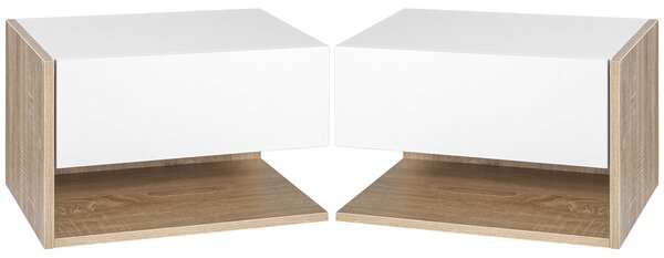 HOMCOM Set di 2 Comodini da Parete - Set di 2 Comodini da Notte - Cassetto Scorrevole, Scaffale, Bicolore Aspetto Rovere Bianco