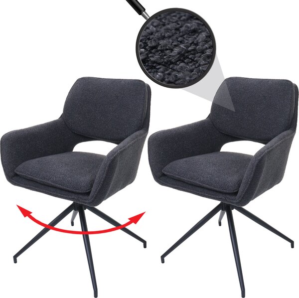 Set di 2 sedie per sala da pranzo HWC-N74, sedia da cucina, girevole a ritorno automatico, tessuto bouclé (540g/m²) Oeko-Tex ~ grigio scuro