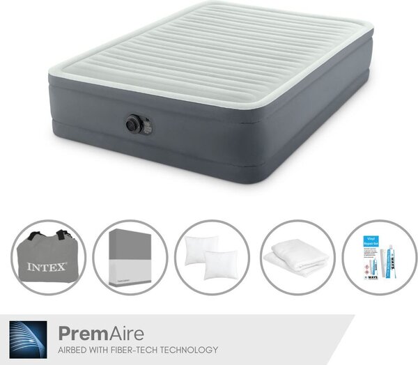 Intex Airbed - 2 persone - 152 x 203 x 46 cm - Grigio - Con pompa, lenzuola antracite, cuscino, federe Molton 2 in 1 e set di riparazione