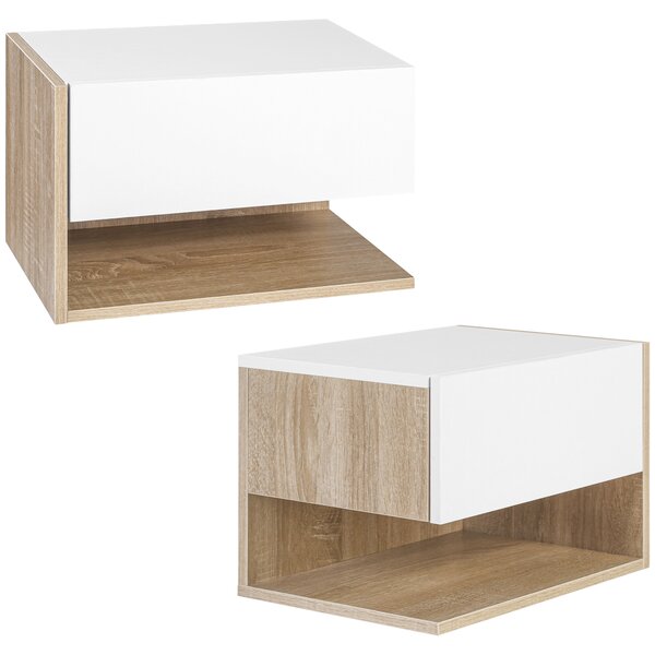 HOMCOM Set di 2 Comodini da Parete - Set di 2 Comodini da Notte - Cassetto Scorrevole, Scaffale, Bicolore Aspetto Rovere Bianco