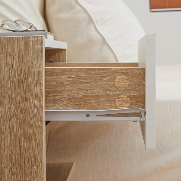 HOMCOM Set di 2 Comodini da Parete - Set di 2 Comodini da Notte - Cassetto Scorrevole, Scaffale, Bicolore Aspetto Rovere Bianco