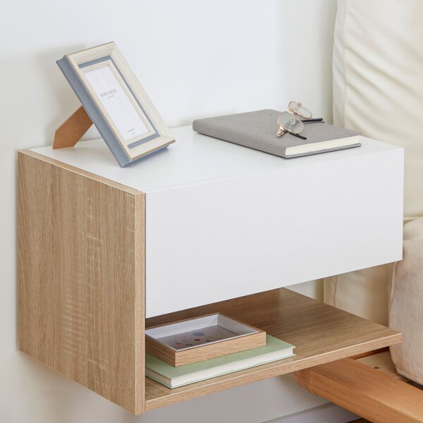 HOMCOM Set di 2 Comodini da Parete - Set di 2 Comodini da Notte - Cassetto Scorrevole, Scaffale, Bicolore Aspetto Rovere Bianco