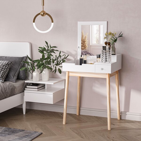 HOMCOM Camerino Design scandinavo Tavola da Trucco Multi-rangements Miroir Pieghevole 60L x 50l x 86H cm pino e MDF Bianco