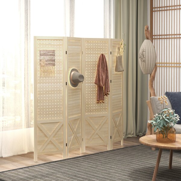 HOMCOM Paravento interno in legno 4 pannelli separatore di ambienti pieghevole pannello perforato 152 x 1,7 x 144,5 cm legno naturale