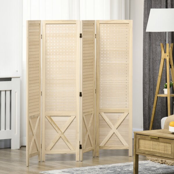 HOMCOM Paravento interno in legno 4 pannelli separatore di ambienti pieghevole pannello perforato 152 x 1,7 x 144,5 cm legno naturale