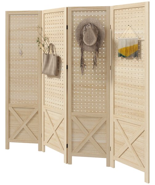 HOMCOM Paravento interno in legno 4 pannelli separatore di ambienti pieghevole pannello perforato 152 x 1,7 x 144,5 cm legno naturale