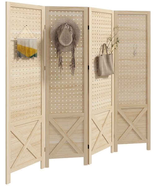 HOMCOM Paravento interno in legno 4 pannelli separatore di ambienti pieghevole pannello perforato 152 x 1,7 x 144,5 cm legno naturale