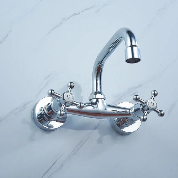 Rubinetto da cucina - Montaggio a parete - Bocca girevole - Due maniglie - Caldo/freddo - Cartuccia in Vetroceramica - Ottone massiccio - Cromo - Argento