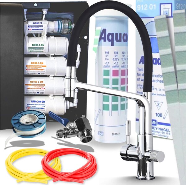 Rubinetto da cucina a 3 vie Ari Flexible con doccetta estraibile, canna girevole 360 gradi, per filtro acqua, cromato