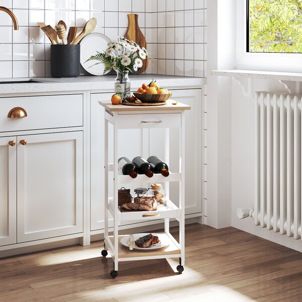 HOMCOM Carrello da servizio carrello da cucina a ruote 2 ripiani + piano estraibile + cassetto legno di pino bianco quercia chiara