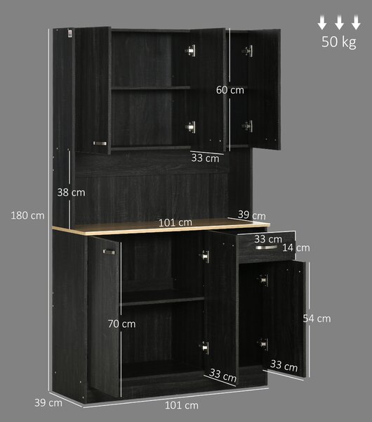 HOMCOM Mobile Dispensa Alto in Legno con Cassetti e Armadietti, 101x39x180 cm, Nero | Aosom Italy