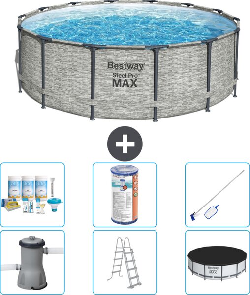 Piscina Bestway Round Steel Pro MAX - stampa su pietra - 427 x 122 cm - inclusa pompa - scala - copertura pacchetto manutenzione - filtro - kit pulizia