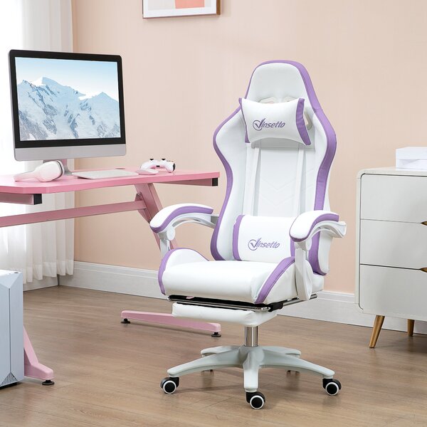 Vinsetto Sedia da Gaming con Altezza Regolabile e Schienale Reclinabile, 65x65x121-129 cm, Bianco e Viola | Aosom Italy