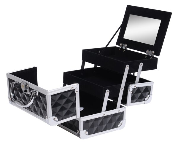 HOMCOM Valigia per il trucco stoccaggio a 3 livelli con specchio bloccabile con 2 chiavi dim. 20L x 15l x 15H cm nero