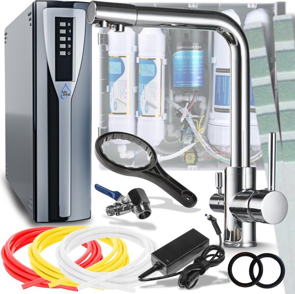 Ari Venom 1 - Miscelatore da cucina a 3 vie cromato a 360° con filtro per acqua a osmosi inversa RO Pad e sistema di nanofiltrazione da incasso