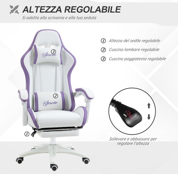 Vinsetto Sedia da Gaming con Altezza Regolabile e Schienale Reclinabile, 65x65x121-129 cm, Bianco e Viola | Aosom Italy