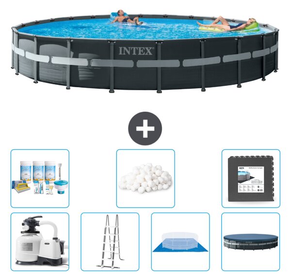 Piscina Intex Round Ultra XTR Frame - 732 x 132 cm - inclusa pompa - scaletta - telo di fondo - confezione di manutenzione della copertura - sfere filtranti - piastrelle per il pavimento