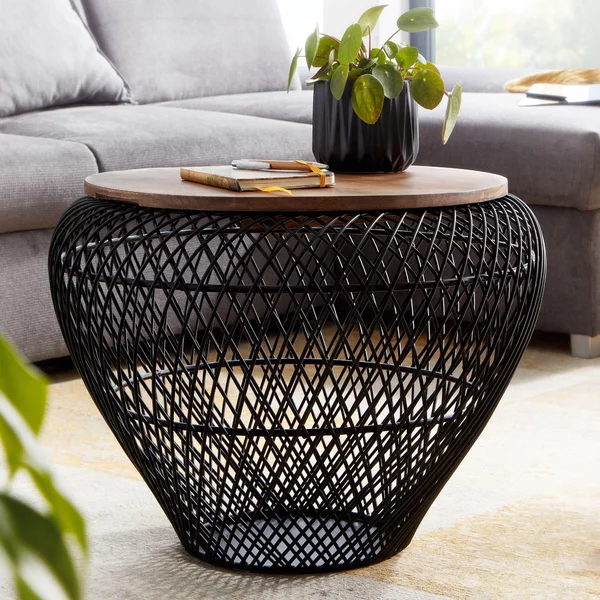 FineBuy tavolino da caffè in metallo massiccio mango 60x60x45 cm rotondo con portaoggetti | Tavolo da soggiorno di design in vimini moderno | Tavolino da divano