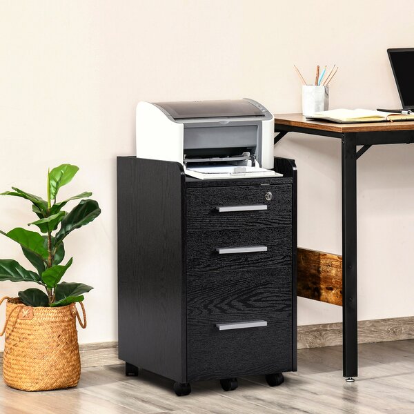 HOMCOM Cassettiera Portadocumenti in Legno a 3 Cassetti con Chiavi di Sicurezza e 5 Ruote, 39.2x40x65.4 cm, Nero | Aosom Italy