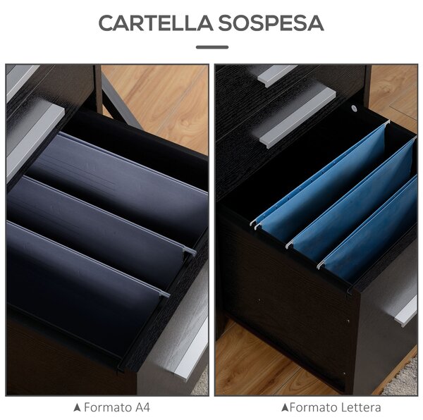HOMCOM Cassettiera Portadocumenti in Legno a 3 Cassetti con Chiavi di Sicurezza e 5 Ruote, 39.2x40x65.4 cm, Nero | Aosom Italy