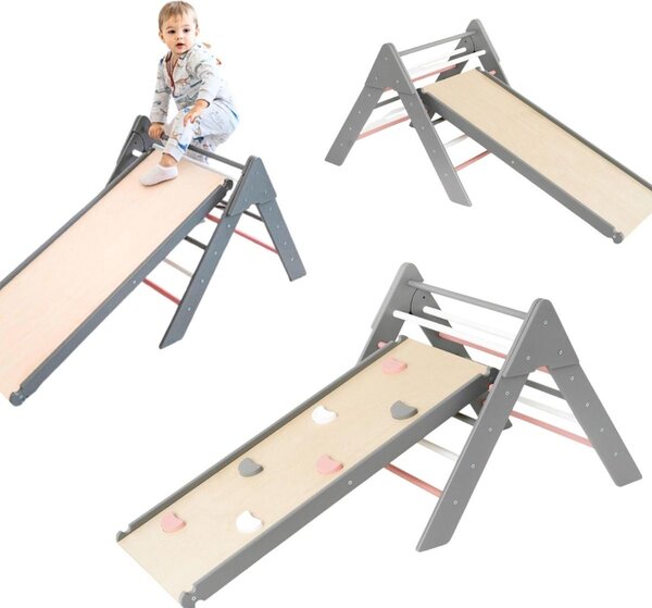Triangolo di arrampicata, struttura di arrampicata in legno per bambini Triangolo di germogli, scivolo per bambini | rosa-grigio