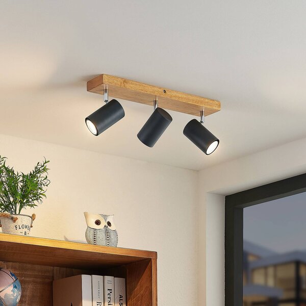Faretto da soffitto Lindby Maniva, 44 cm, a 3 luci, nero, GU10 Maniva Lindby, dimmerabile, Legno chiaro, Soggiorno / Sala da pranzo, Metallo, Moderno, Faretto