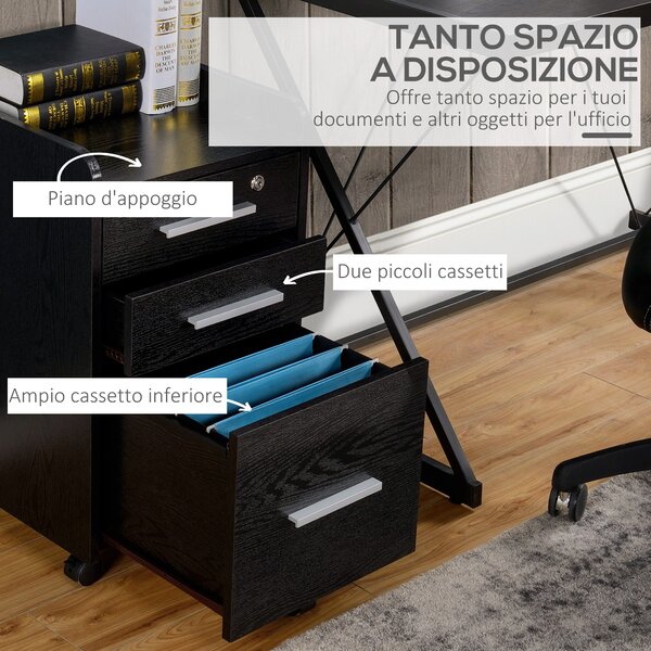 HOMCOM Cassettiera Portadocumenti in Legno a 3 Cassetti con Chiavi di Sicurezza e 5 Ruote, 39.2x40x65.4 cm, Nero | Aosom Italy
