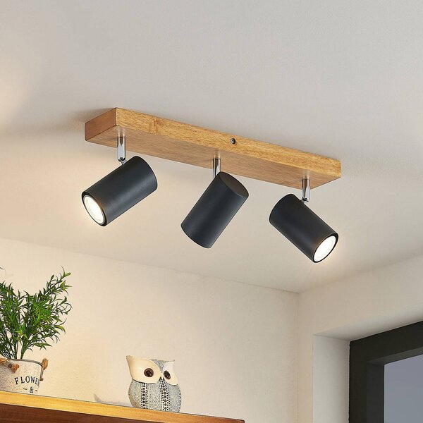 Faretto da soffitto Lindby Maniva, 44 cm, a 3 luci, nero, GU10 Maniva Lindby, dimmerabile, Legno chiaro, Soggiorno / Sala da pranzo, Metallo, Moderno, Faretto