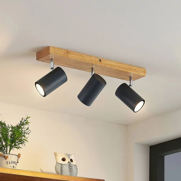 Faretto da soffitto Lindby Maniva, 44 cm, a 3 luci, nero, GU10 Maniva Lindby, dimmerabile, Legno chiaro, Soggiorno / Sala da pranzo, Metallo, Moderno, Faretto