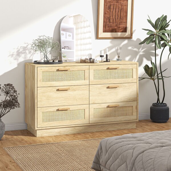HOMCOM Cassettiera 6 Cassetti Stile Boho per Camera e Ingresso in Legno e Rattan, 110x40x69 cm, Rovere | Aosom Italy