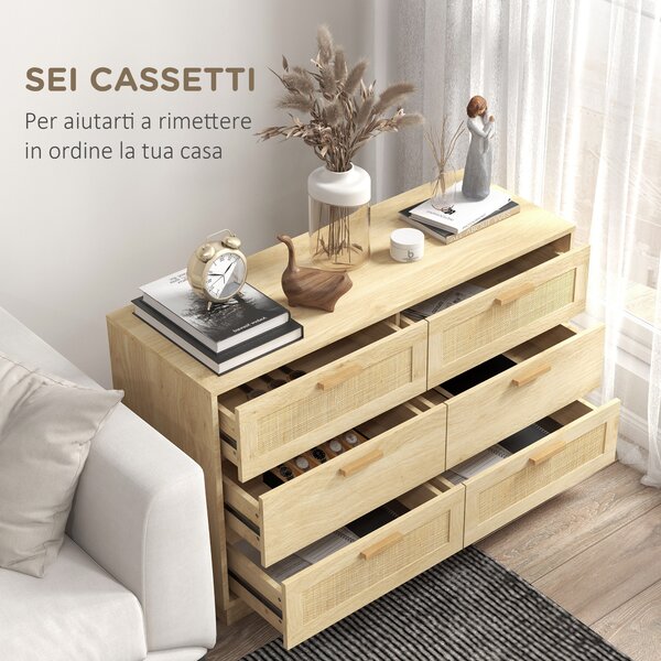 HOMCOM Cassettiera 6 Cassetti Stile Boho per Camera e Ingresso in Legno e Rattan, 110x40x69 cm, Rovere | Aosom Italy