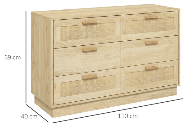 HOMCOM Cassettiera 6 Cassetti Stile Boho per Camera e Ingresso in Legno e Rattan, 110x40x69 cm, Rovere | Aosom Italy