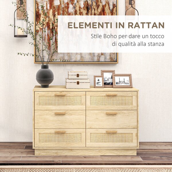 HOMCOM Cassettiera 6 Cassetti Stile Boho per Camera e Ingresso in Legno e Rattan, 110x40x69 cm, Rovere | Aosom Italy