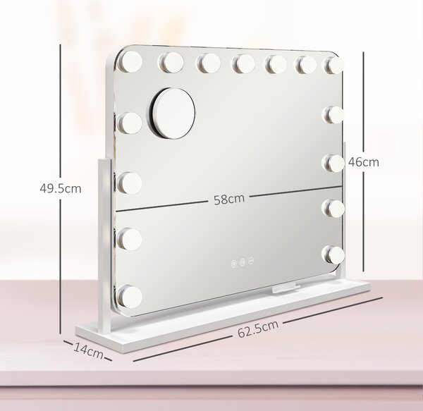 HOMCOM Specchio da Trucco con 14 Luci LED Regolabili e Ricarica USB, in Vetro e Metallo, 62.5x14x49.5 cm, Bianco | Aosom Italy