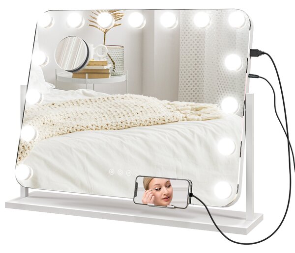 HOMCOM Specchio da Trucco con 14 Luci LED Regolabili e Ricarica USB, in Vetro e Metallo, 62.5x14x49.5 cm, Bianco | Aosom Italy