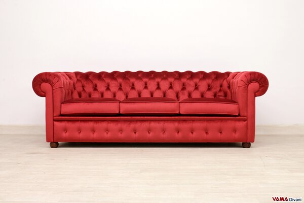 Divano Chesterfield 3 posti in velluto sintetico rosso