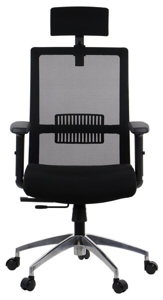 Sedia da ufficio ergonomica girevole RIVERTON M/H/AL, braccioli regolabili, poggiatesta, schienale in rete, sedile scorrevole (avanti-indietro), base in alluminio, nero